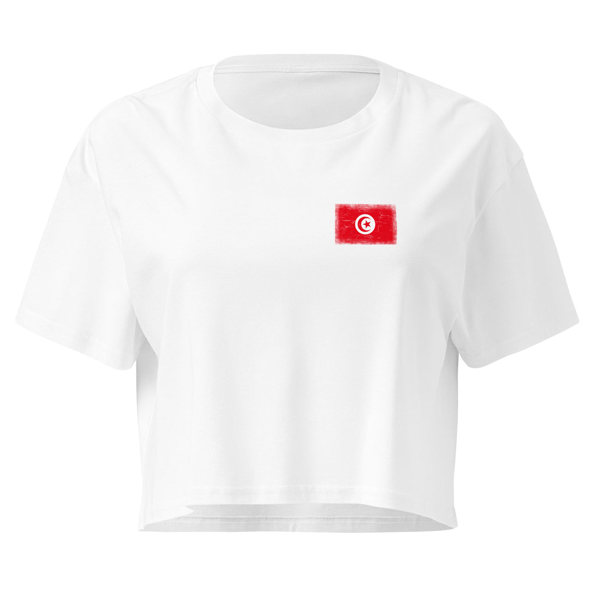 Tunisia flag crop top in White, vintage-washed print, small flag on the left chest, women cut, front view