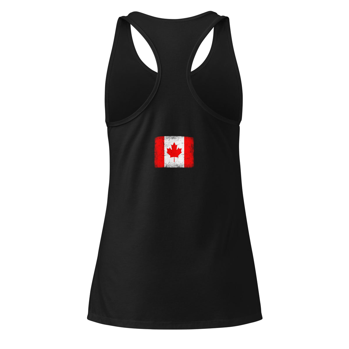 Canada flag racerback tank top in Black, vintage-washed print, flag across the upper back, women cut, back view