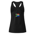 South Africa flag racerback tank top in Black, vintage-washed print, flag across the upper back, women cut, back view