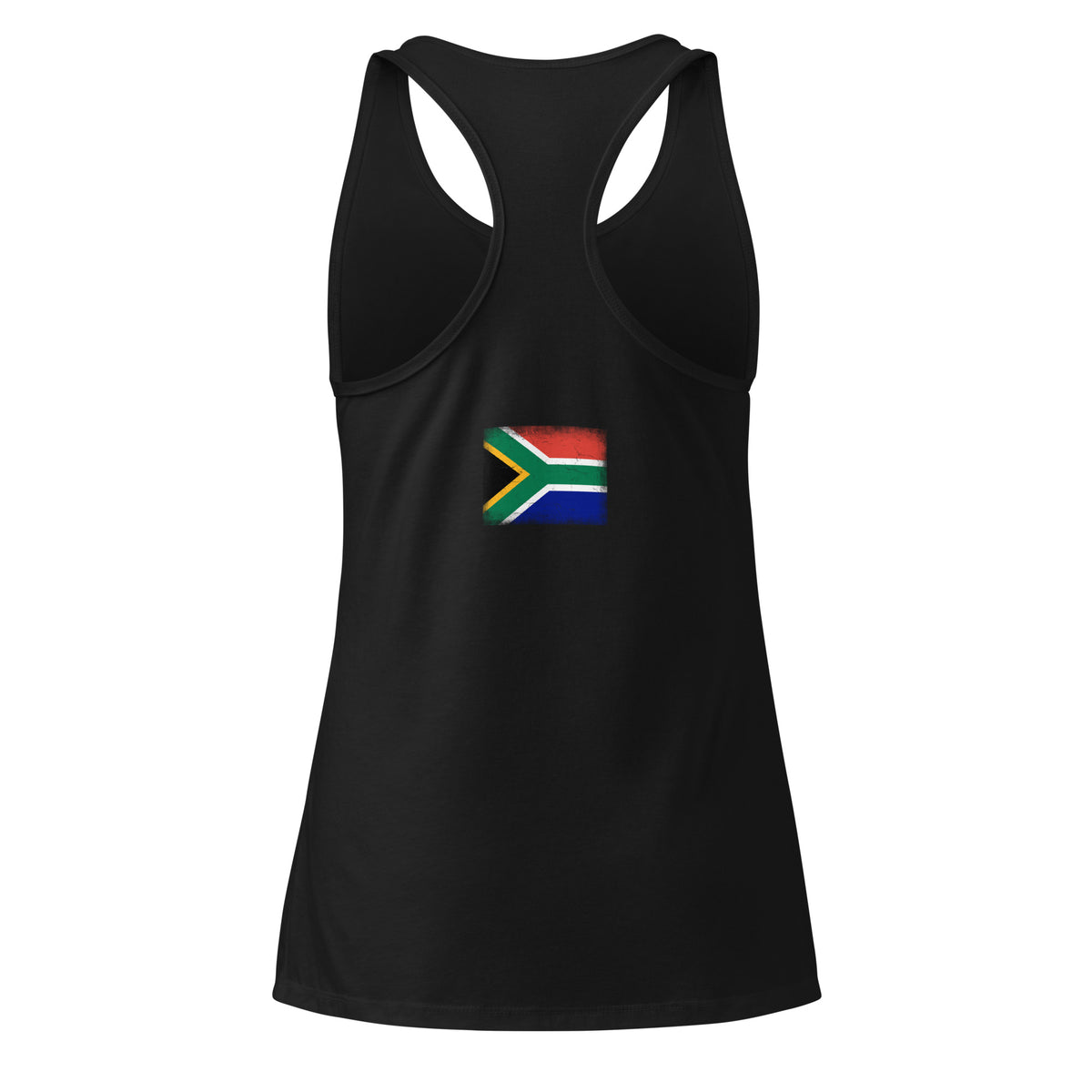 South Africa flag racerback tank top in Black, vintage-washed print, flag across the upper back, women cut, back view