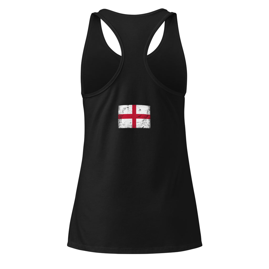 England flag racerback tank top in Black, vintage-washed print, flag across the upper back, women cut, back view