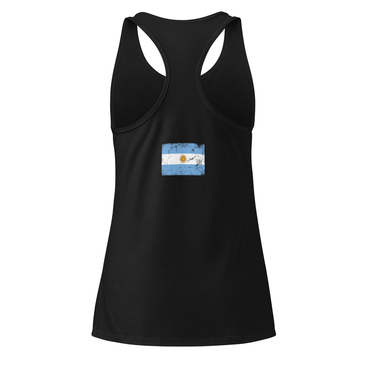 Argentina flag racerback tank top in Black, vintage-washed print, flag across the upper back, women cut, back view
