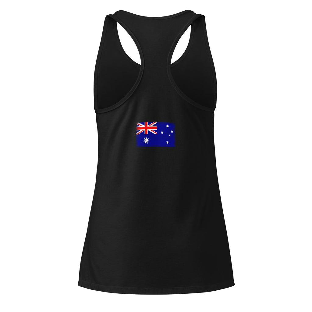Australia flag racerback tank top in Black, vintage-washed print, flag across the upper back, women cut, back view