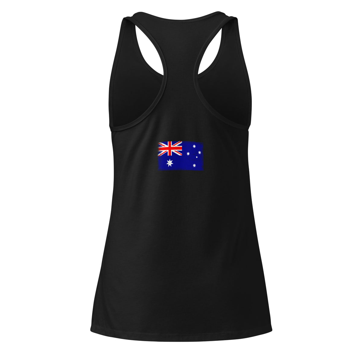 Australia flag racerback tank top in Black, vintage-washed print, flag across the upper back, women cut, back view