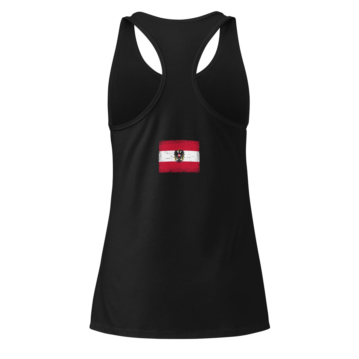 Austria flag racerback tank top in Black, vintage-washed print, flag across the upper back, women cut, back view