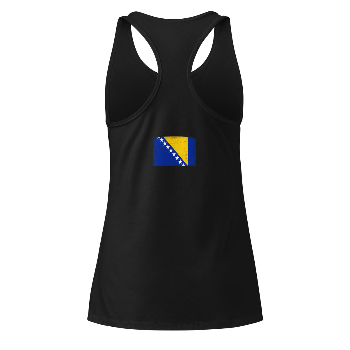 Bosnia and Herzegovina flag racerback tank top in Black, vintage-washed print, flag across the upper back, women cut, back view