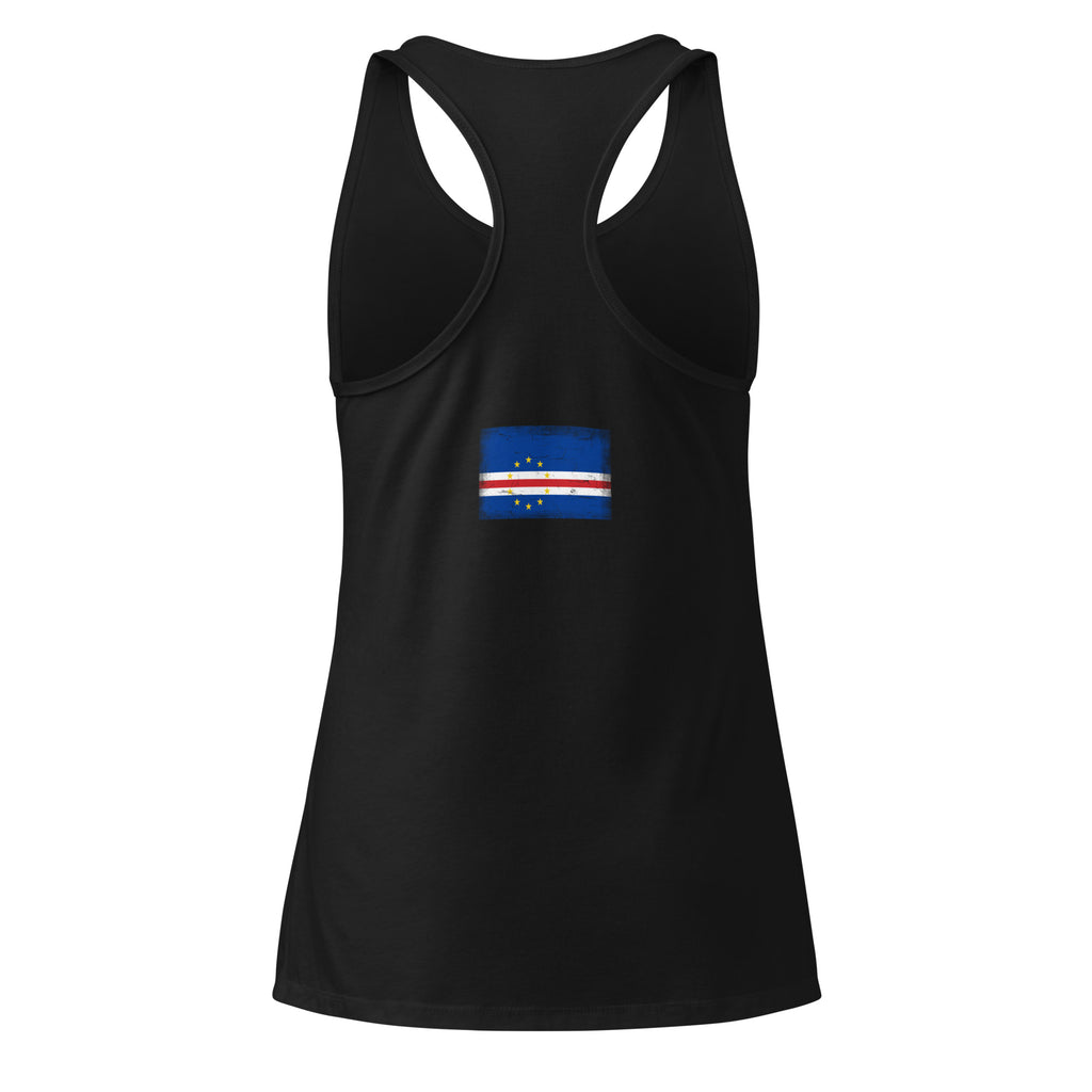 Cape Verde flag racerback tank top in Black, vintage-washed print, flag across the upper back, women cut, back view
