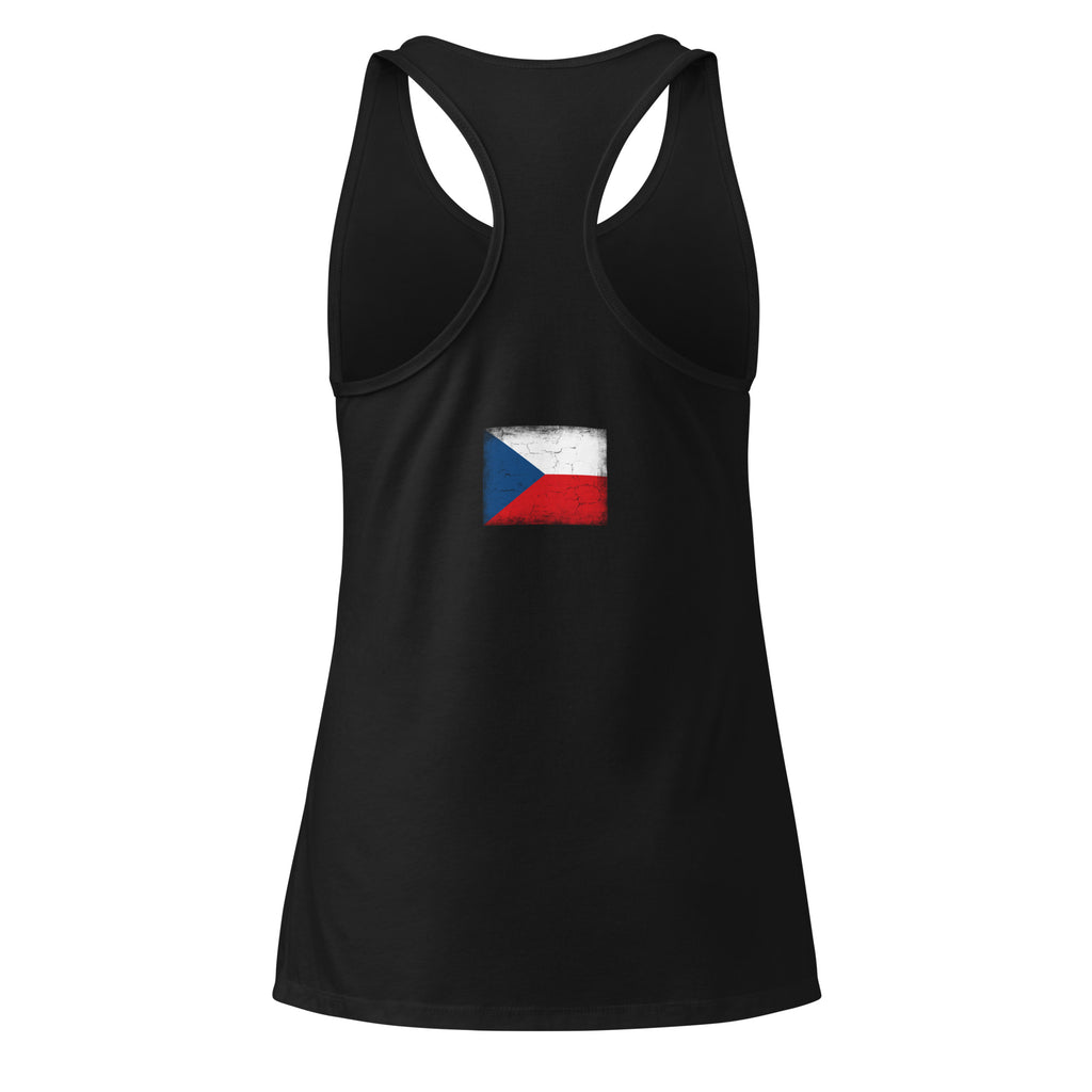 Czechia flag racerback tank top in Black, vintage-washed print, flag across the upper back, women cut, back view
