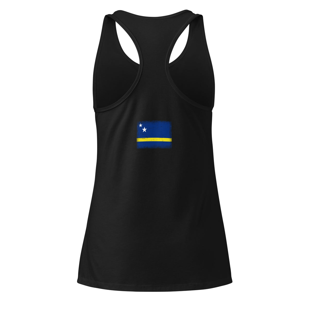 Curaçao flag racerback tank top in Black, vintage-washed print, flag across the upper back, women cut, back view