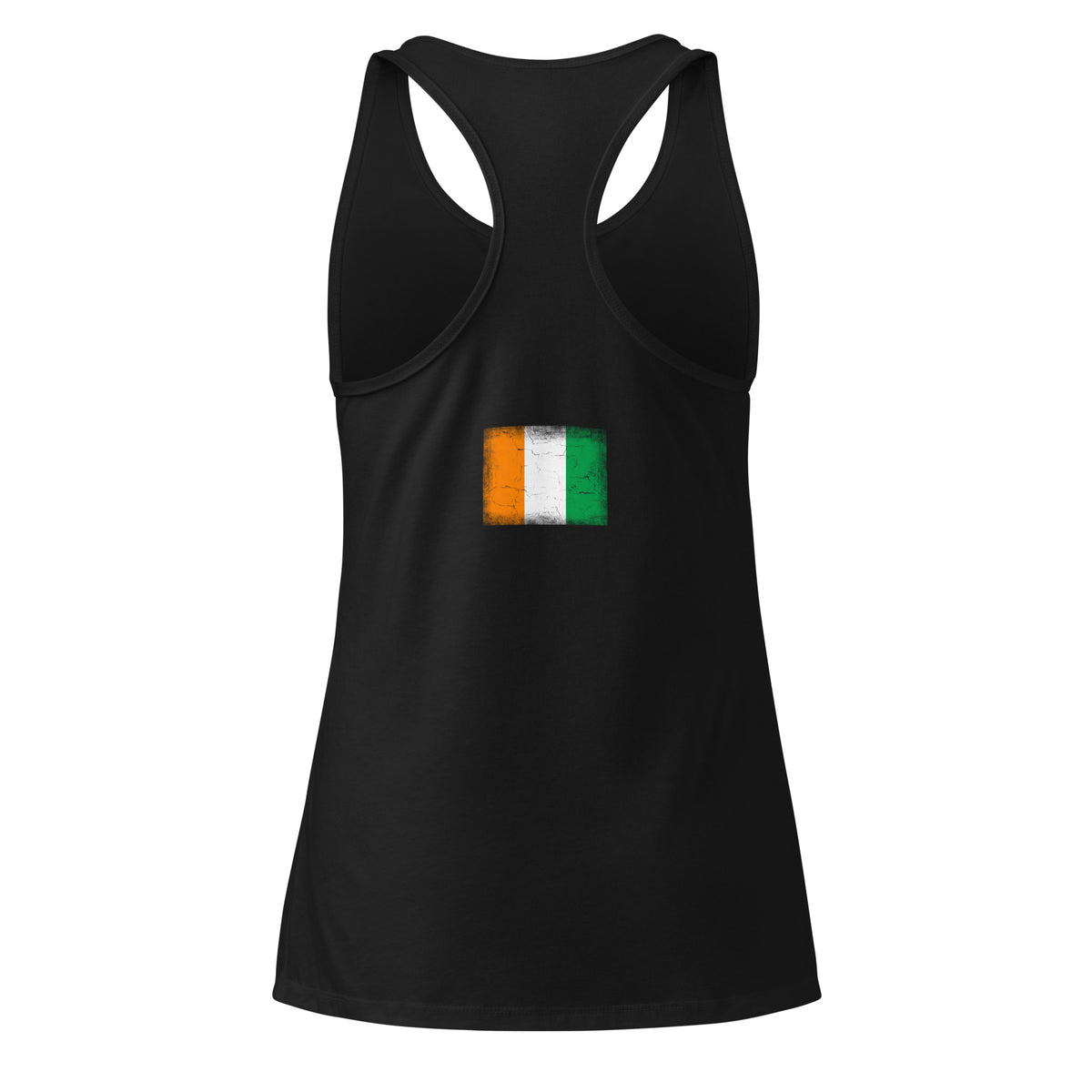 Côte d'Ivoire flag racerback tank top in Black, vintage-washed print, flag across the upper back, women cut, back view