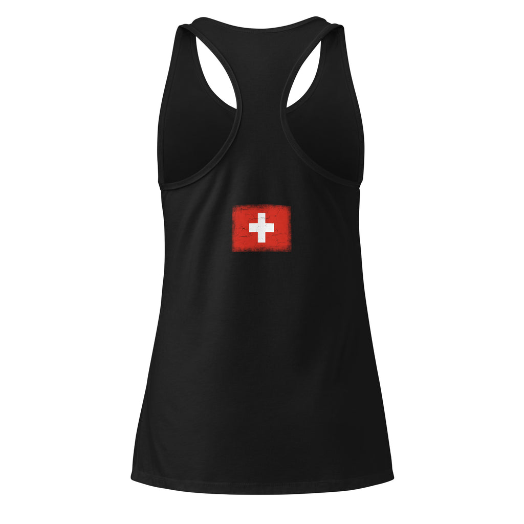 Switzerland flag racerback tank top in Black, vintage-washed print, flag across the upper back, women cut, back view