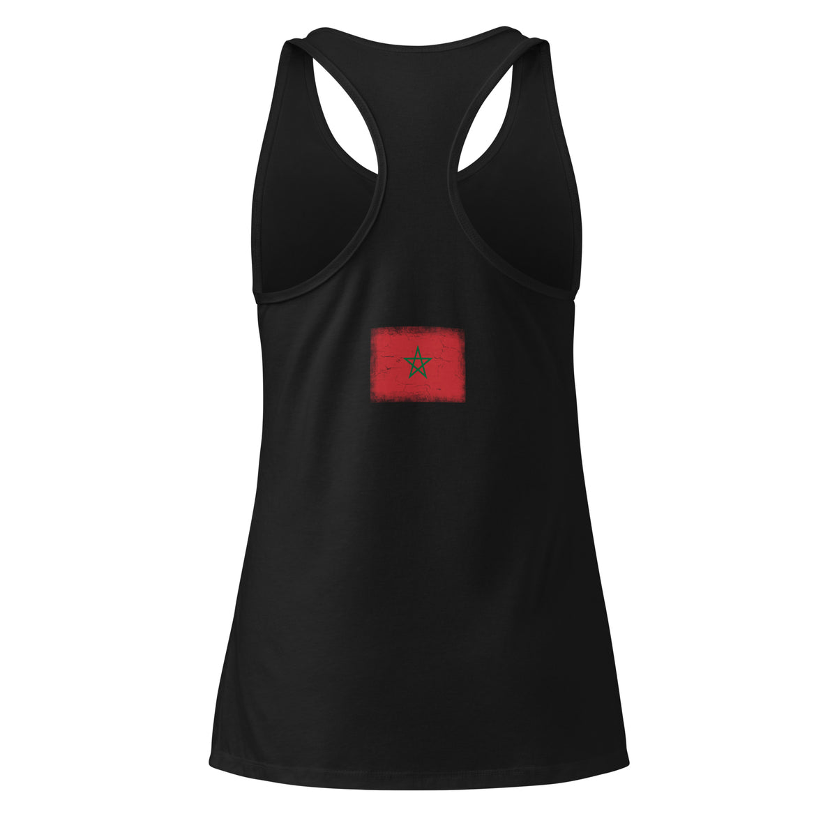 Morocco flag racerback tank top in Black, vintage-washed print, flag across the upper back, women cut, back view