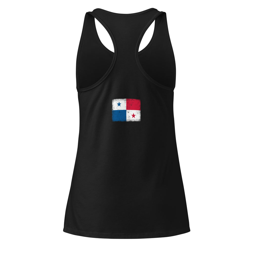 Panama flag racerback tank top in Black, vintage-washed print, flag across the upper back, women cut, back view