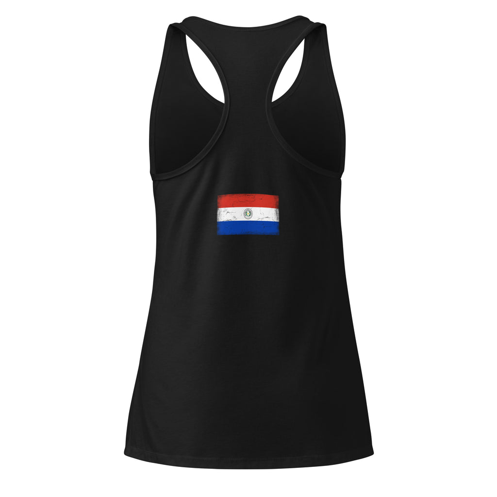 Paraguay flag racerback tank top in Black, vintage-washed print, flag across the upper back, women cut, back view