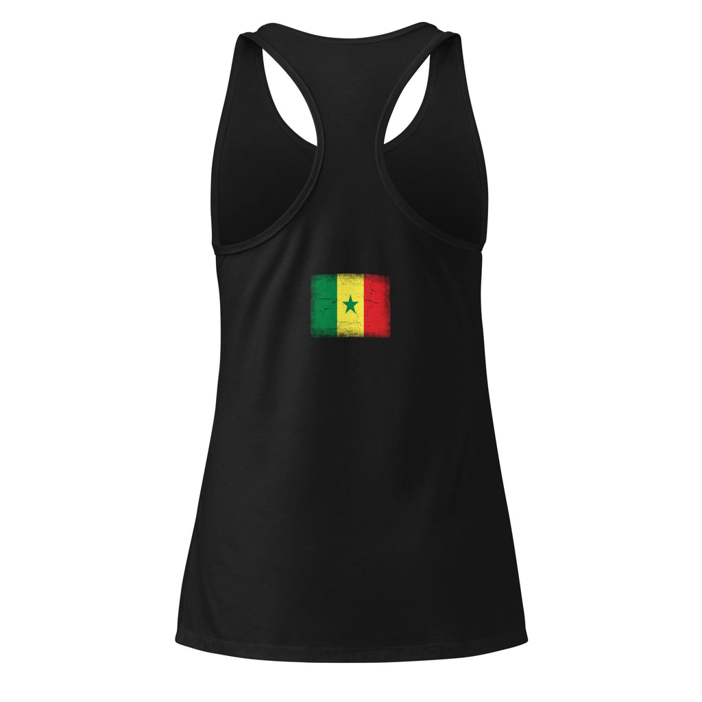 Senegal flag racerback tank top in Black, vintage-washed print, flag across the upper back, women cut, back view