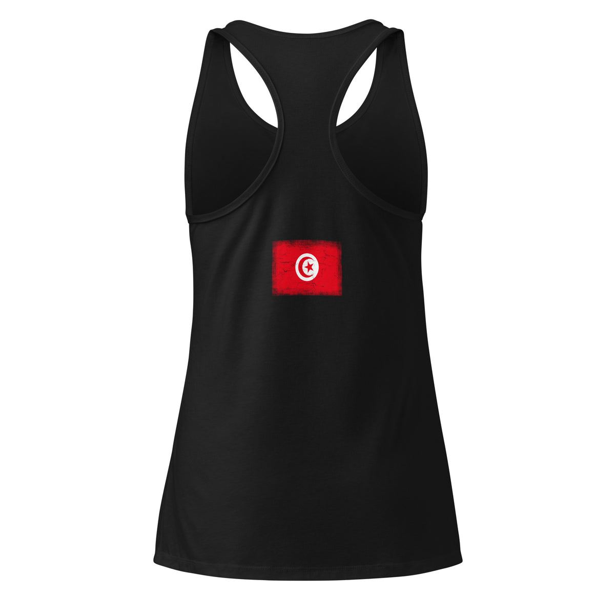 Tunisia flag racerback tank top in Black, vintage-washed print, flag across the upper back, women cut, back view