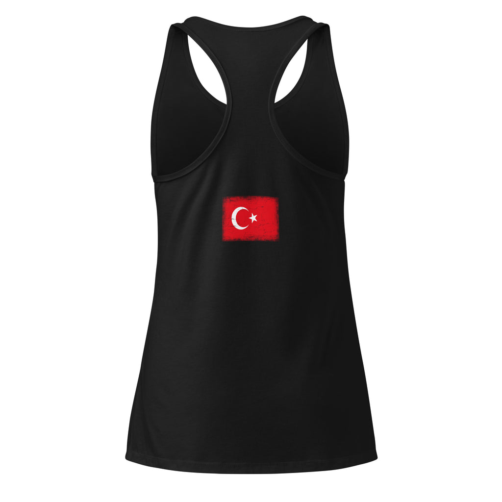 Turkey flag racerback tank top in Black, vintage-washed print, flag across the upper back, women cut, back view