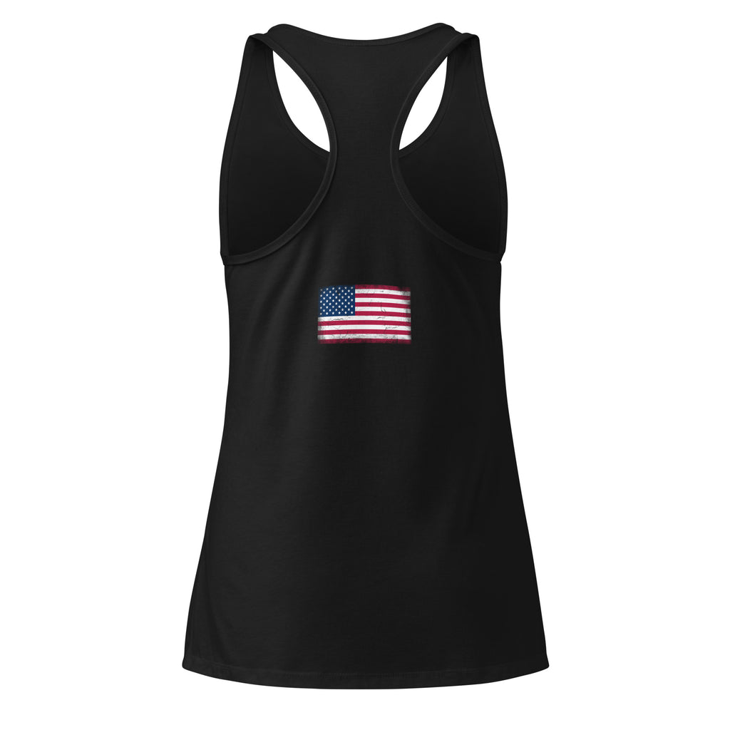 USA flag racerback tank top in Black, vintage-washed print, flag across the upper back, women cut, back view