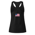 USA flag racerback tank top in Black, vintage-washed print, flag across the upper back, women cut, back view