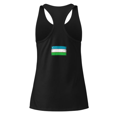 Uzbekistan flag racerback tank top in Black, vintage-washed print, flag across the upper back, women cut, back view