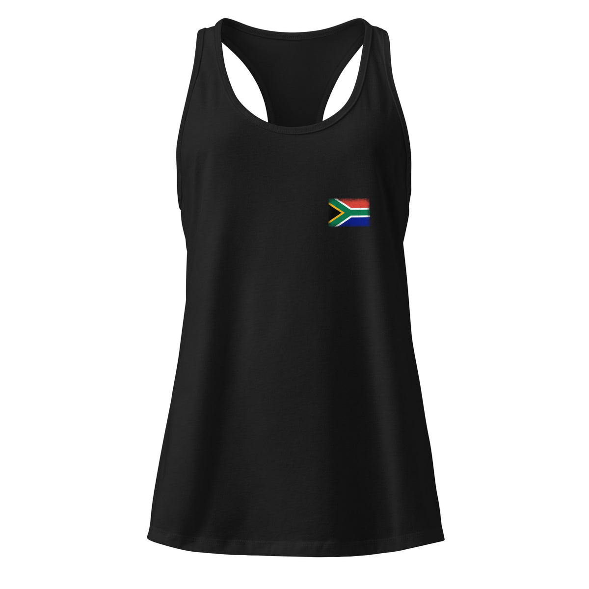 South Africa flag racerback tank top in Black, vintage-washed print, small flag on the left chest, women cut, front view