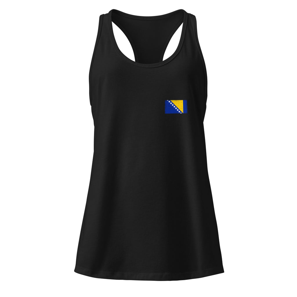 Bosnia and Herzegovina flag racerback tank top in Black, vintage-washed print, small flag on the left chest, women cut, front view