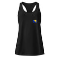 Bosnia and Herzegovina flag racerback tank top in Black, vintage-washed print, small flag on the left chest, women cut, front view