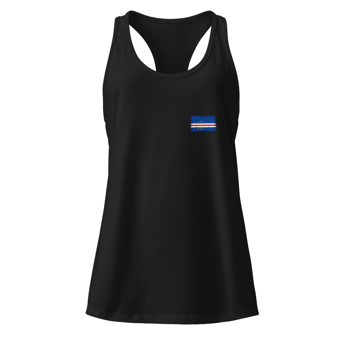 Cape Verde flag racerback tank top in Black, vintage-washed print, small flag on the left chest, women cut, front view