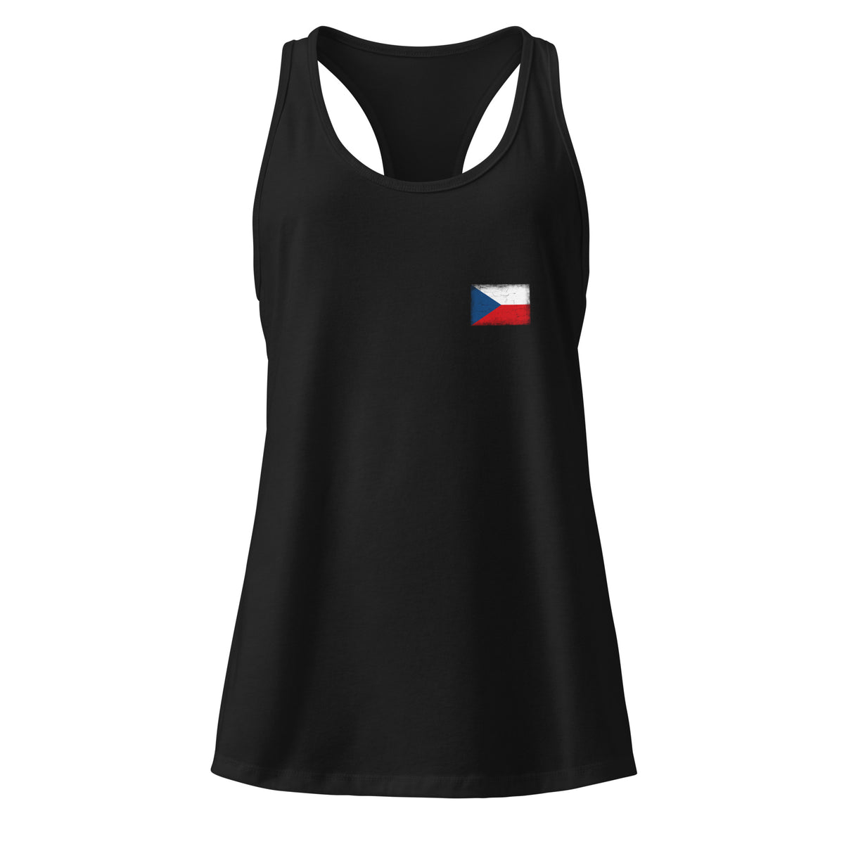 Czechia flag racerback tank top in Black, vintage-washed print, small flag on the left chest, women cut, front view