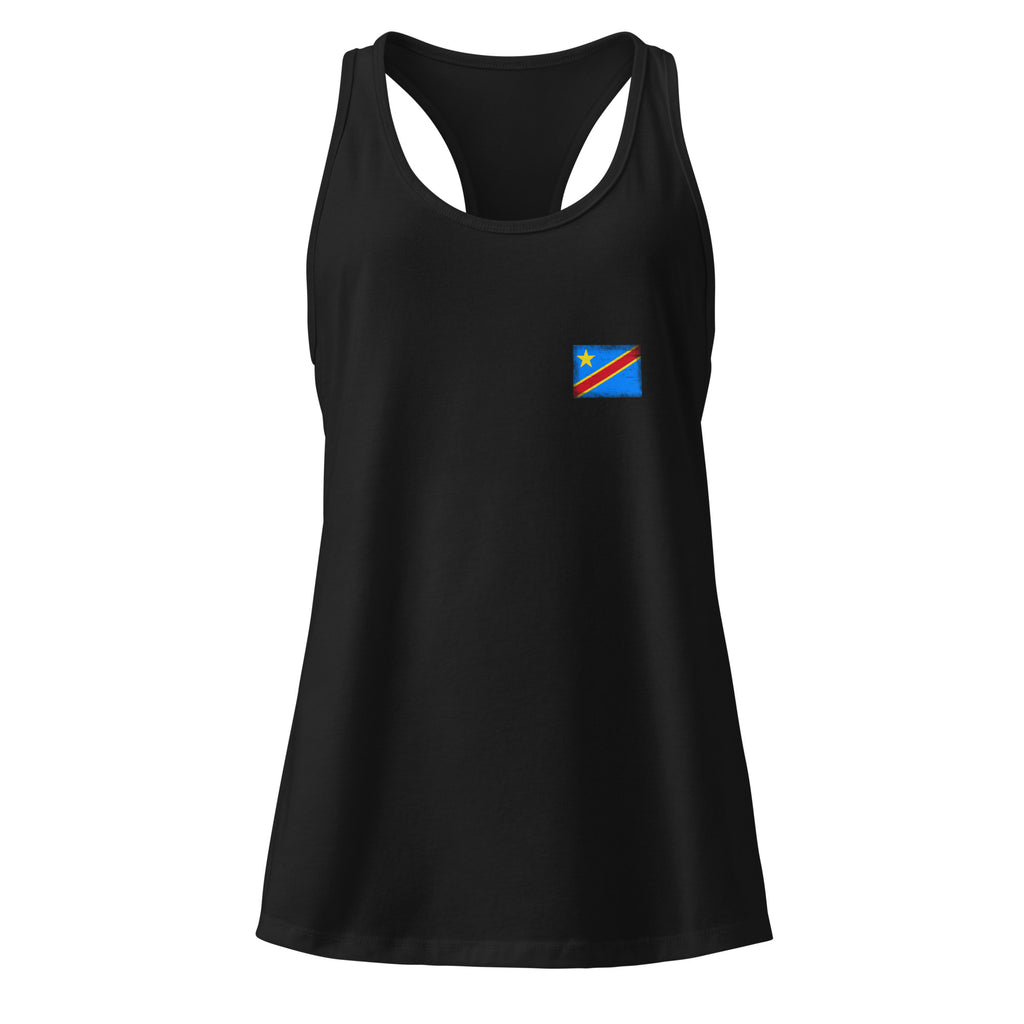 Congo flag racerback tank top in Black, vintage-washed print, small flag on the left chest, women cut, front view