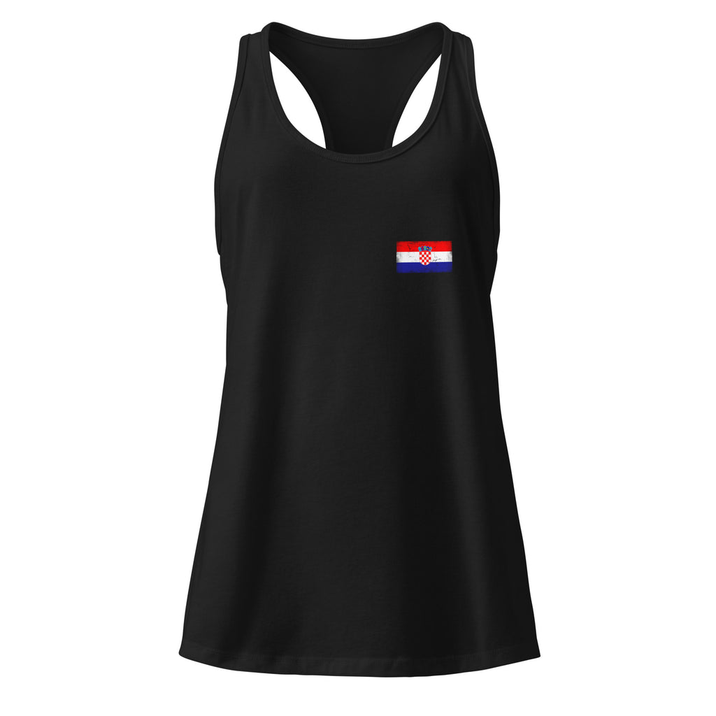 Croatia flag racerback tank top in Black, vintage-washed print, small flag on the left chest, women cut, front view
