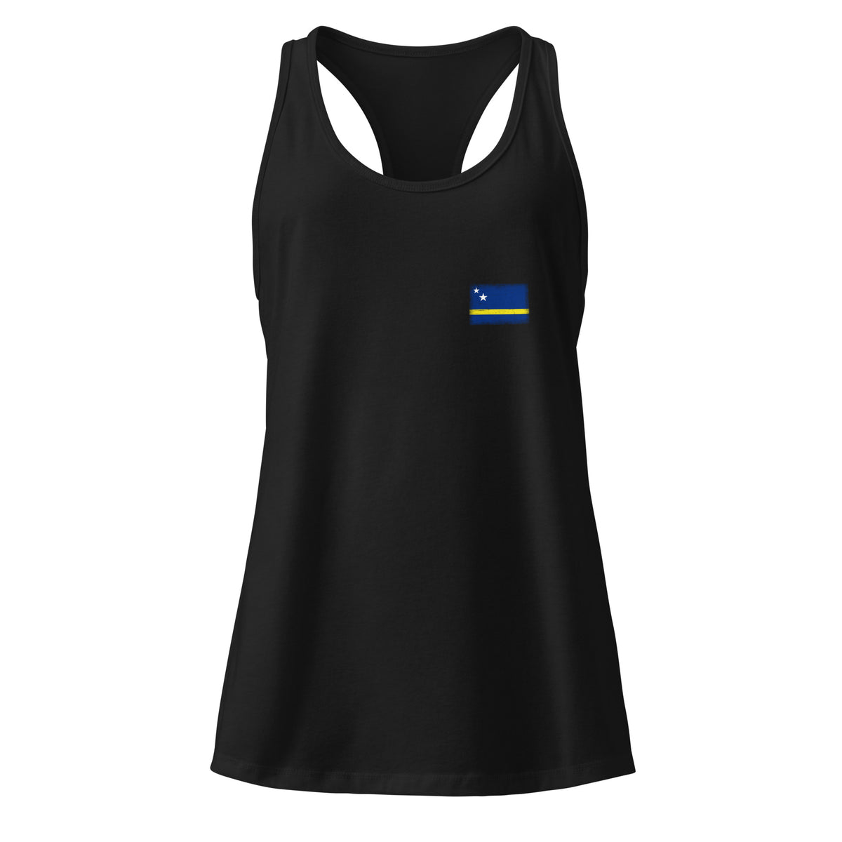 Curaçao flag racerback tank top in Black, vintage-washed print, small flag on the left chest, women cut, front view
