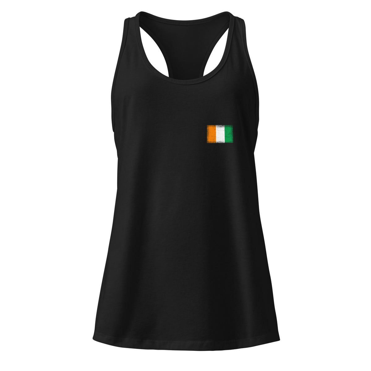 Côte d'Ivoire flag racerback tank top in Black, vintage-washed print, small flag on the left chest, women cut, front view