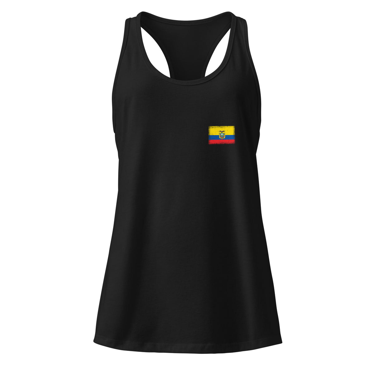 Ecuador flag racerback tank top in Black, vintage-washed print, small flag on the left chest, women cut, front view