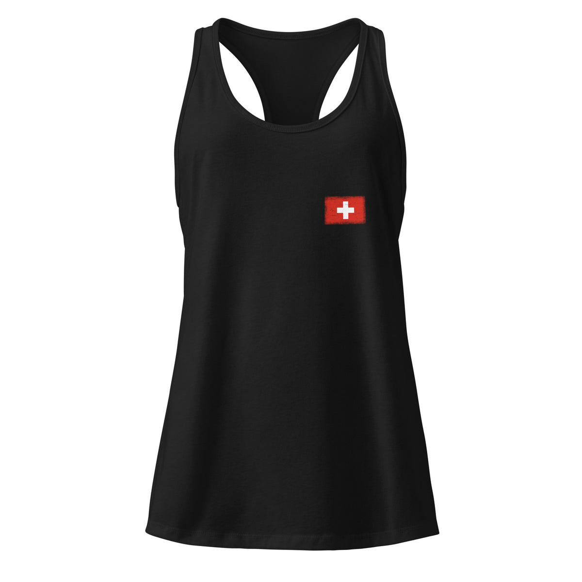 Switzerland flag racerback tank top in Black, vintage-washed print, small flag on the left chest, women cut, front view