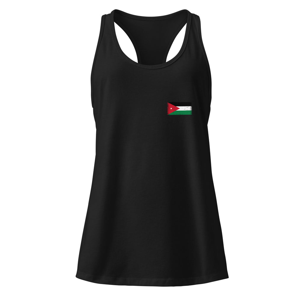 Jordan flag racerback tank top in Black, vintage-washed print, small flag on the left chest, women cut, front view