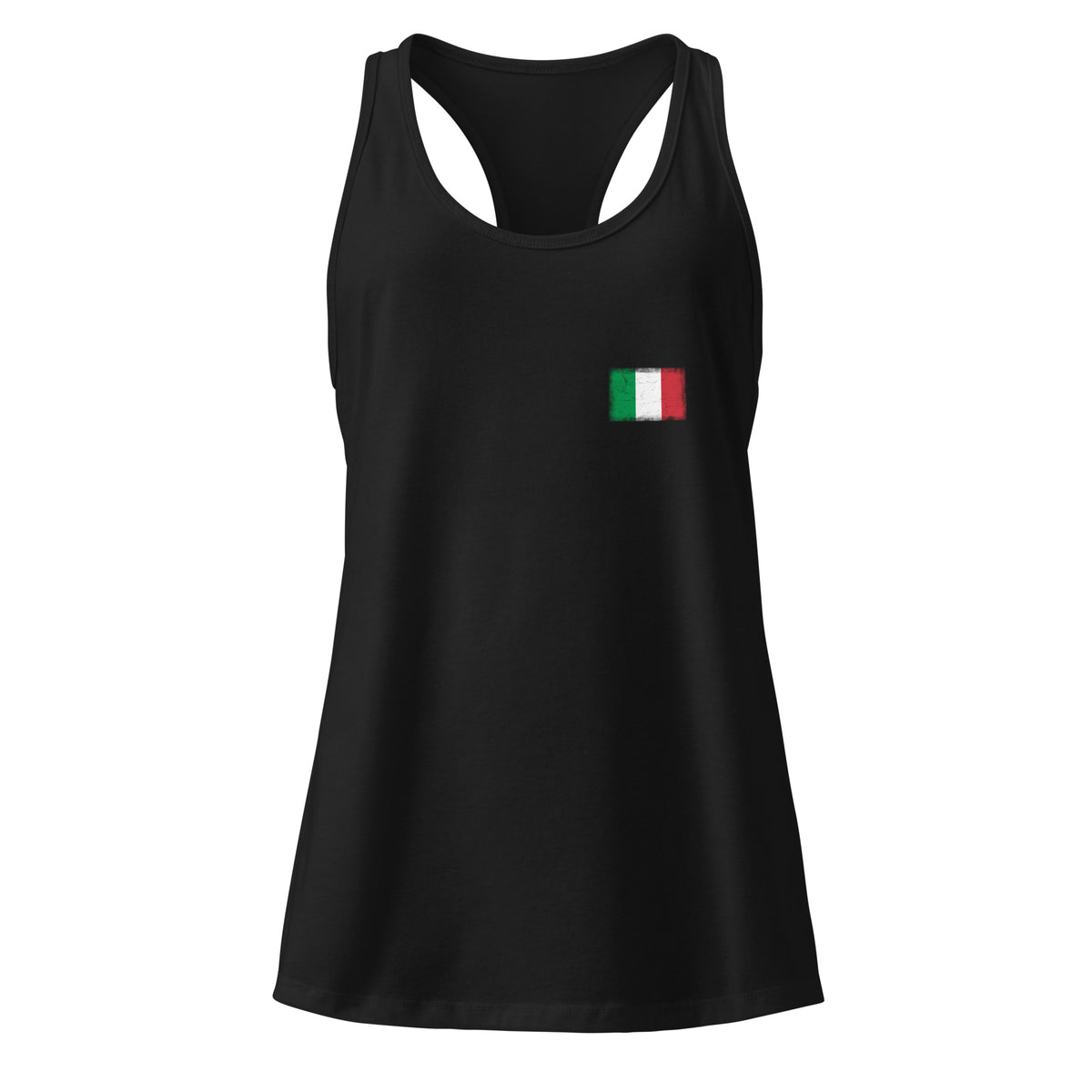 Italy flag racerback tank top in Black, vintage-washed print, small flag on the left chest, women cut, front view