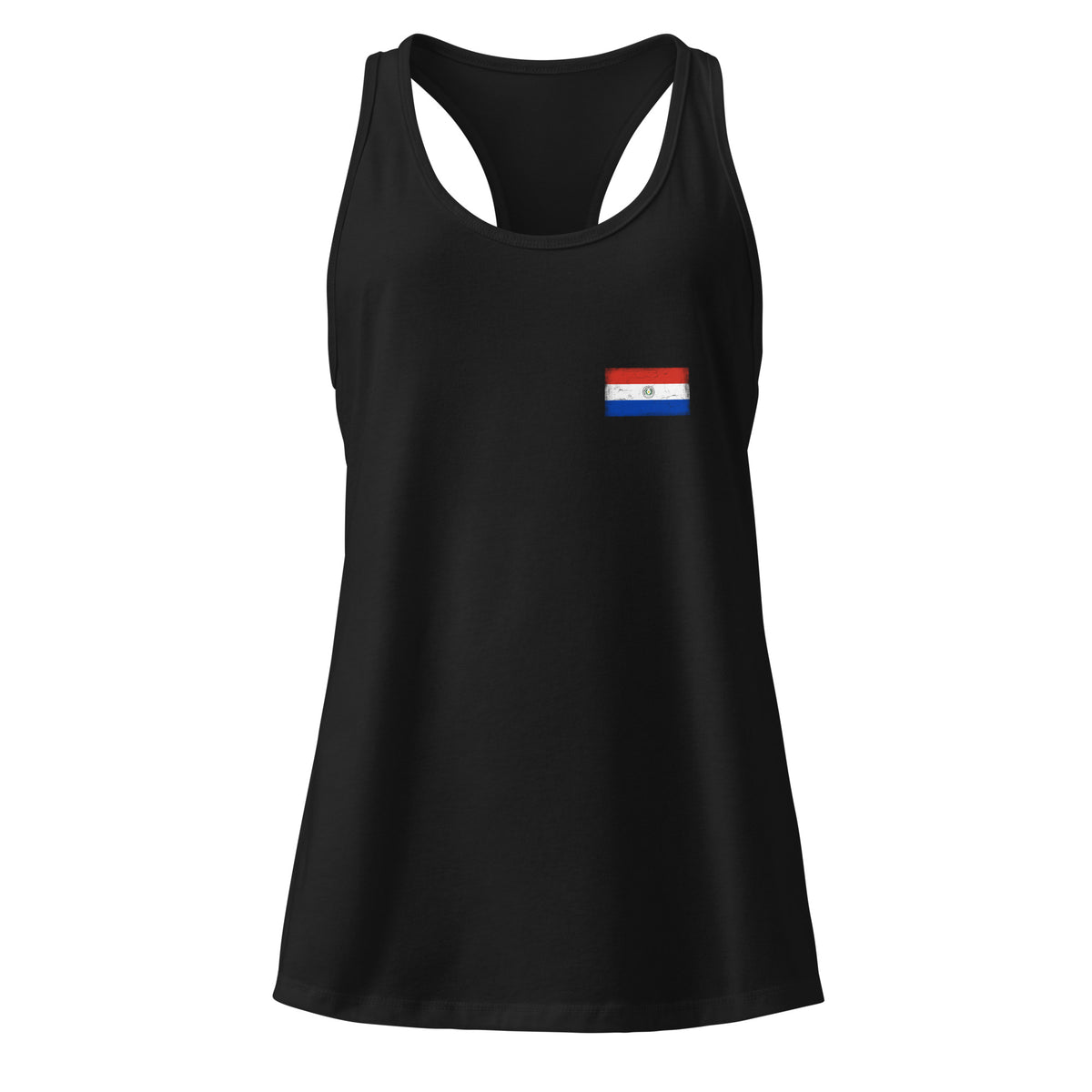 Paraguay flag racerback tank top in Black, vintage-washed print, small flag on the left chest, women cut, front view