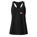 Qatar flag racerback tank top in Black, vintage-washed print, small flag on the left chest, women cut, front view