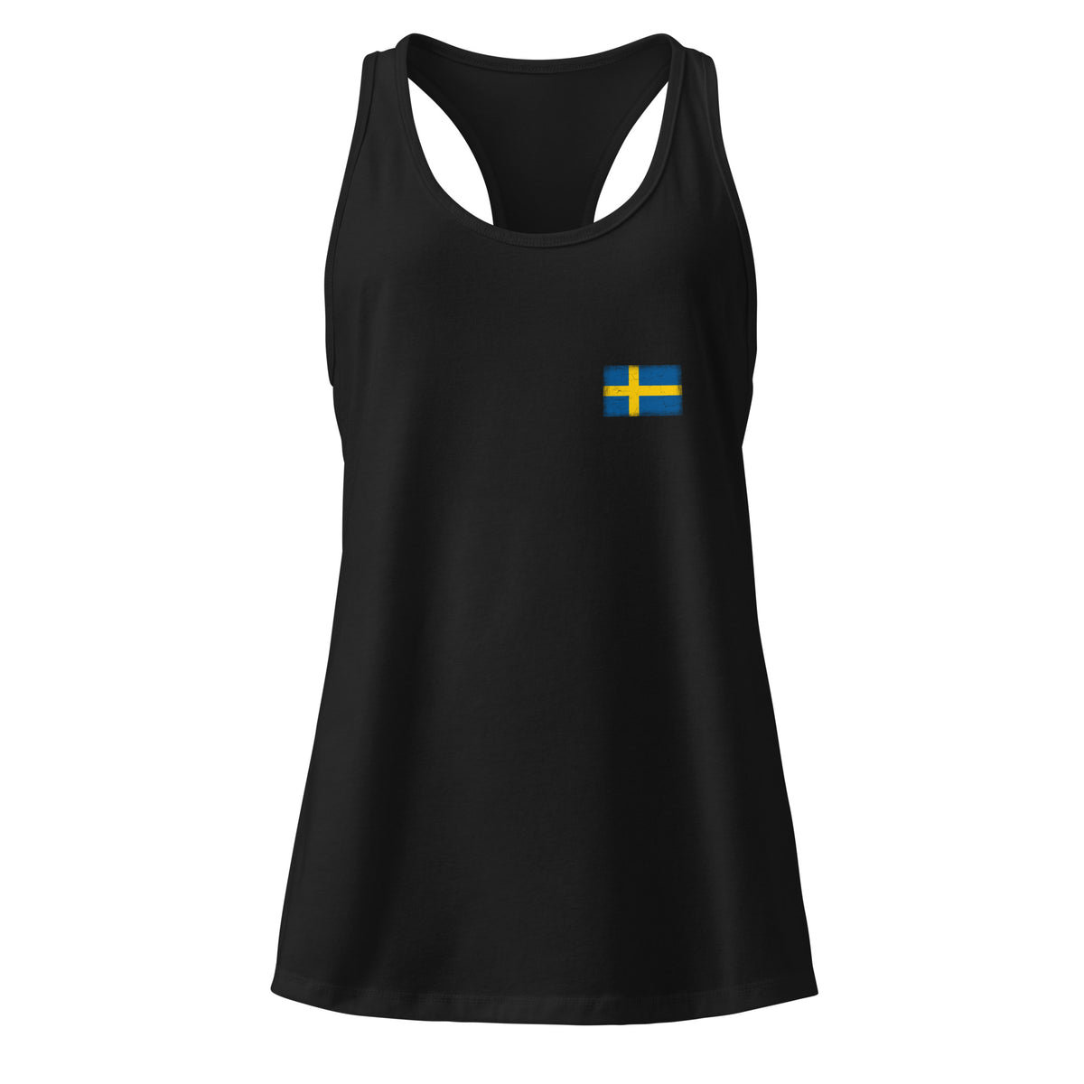 Sweden flag racerback tank top in Black, vintage-washed print, small flag on the left chest, women cut, front view