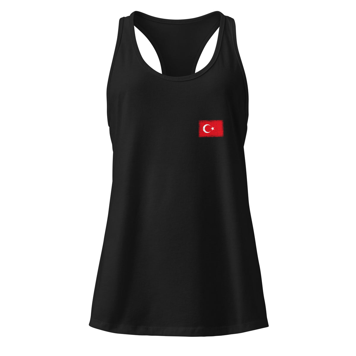 Turkey flag racerback tank top in Black, vintage-washed print, small flag on the left chest, women cut, front view