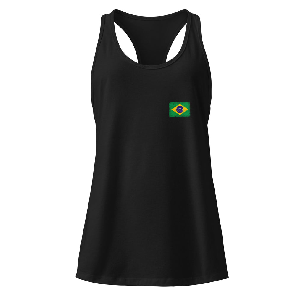 Brasil flag racerback tank top in Black, vintage-washed print, small flag on the left chest, women cut, front view