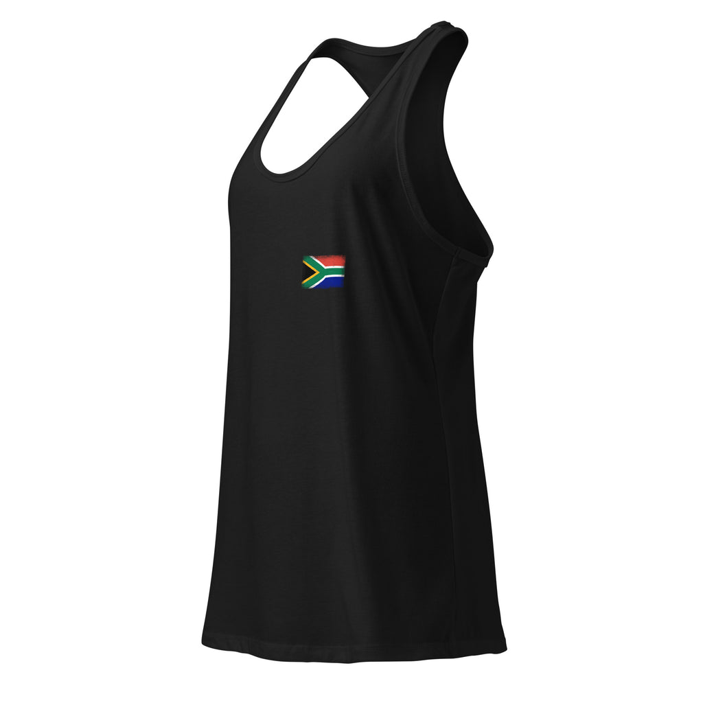 South Africa flag racerback tank top in Black, vintage-washed print, small flag on the left chest, women cut, side view