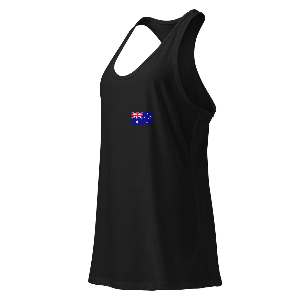 Australia flag racerback tank top in Black, vintage-washed print, small flag on the left chest, women cut, side view