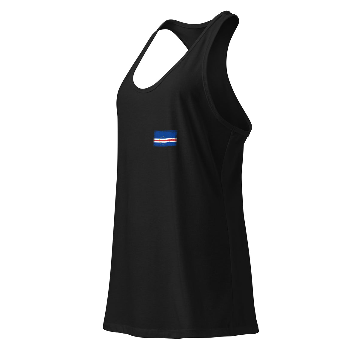 Cape Verde flag racerback tank top in Black, vintage-washed print, small flag on the left chest, women cut, side view