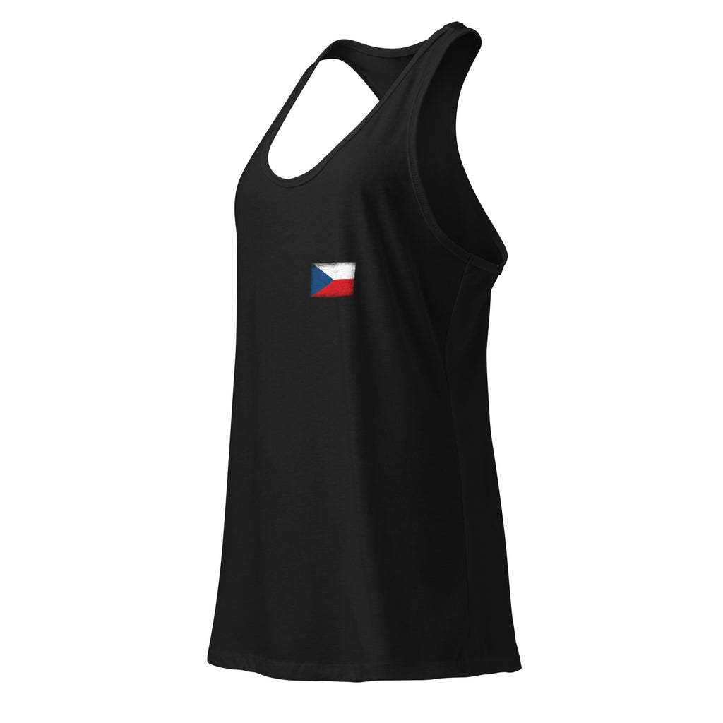 Czechia flag racerback tank top in Black, vintage-washed print, small flag on the left chest, women cut, side view