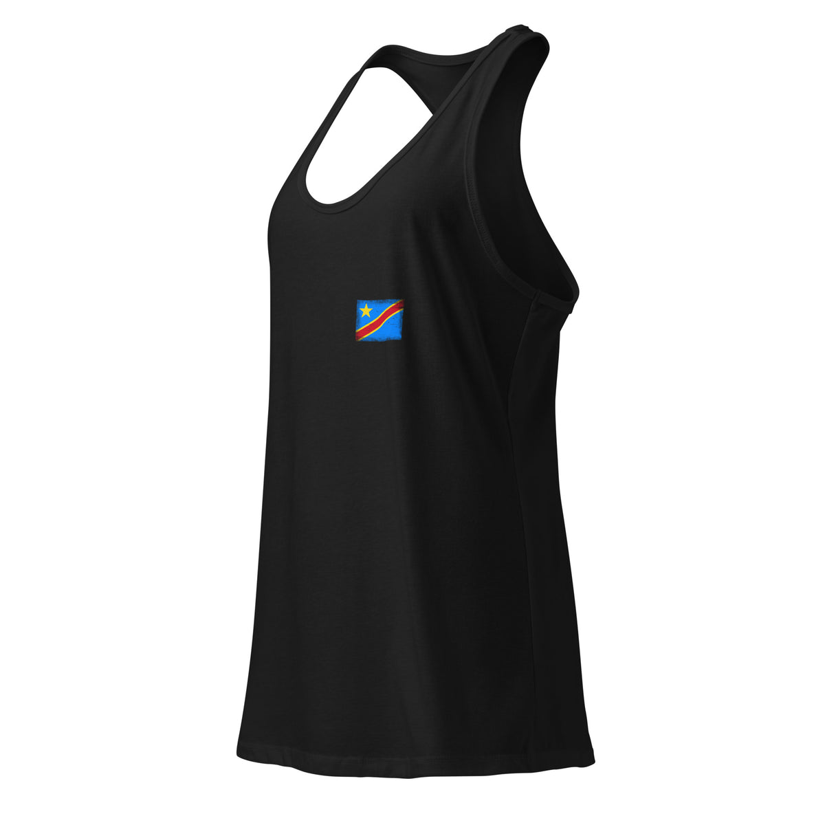 Congo flag racerback tank top in Black, vintage-washed print, small flag on the left chest, women cut, side view