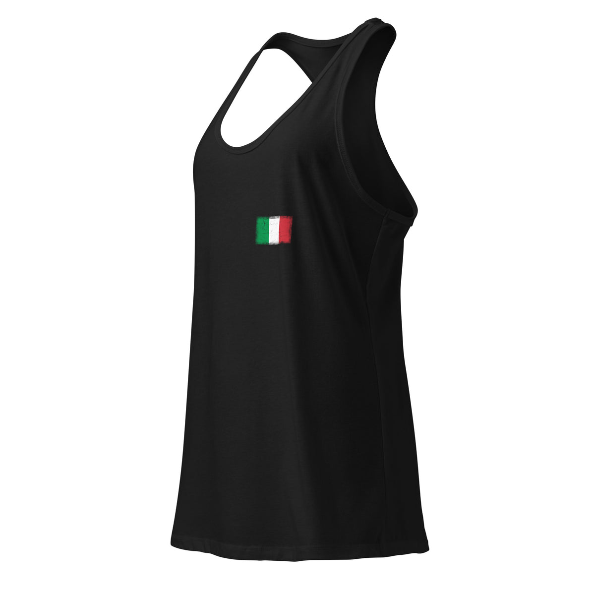 Italy flag racerback tank top in Black, vintage-washed print, small flag on the left chest, women cut, side view