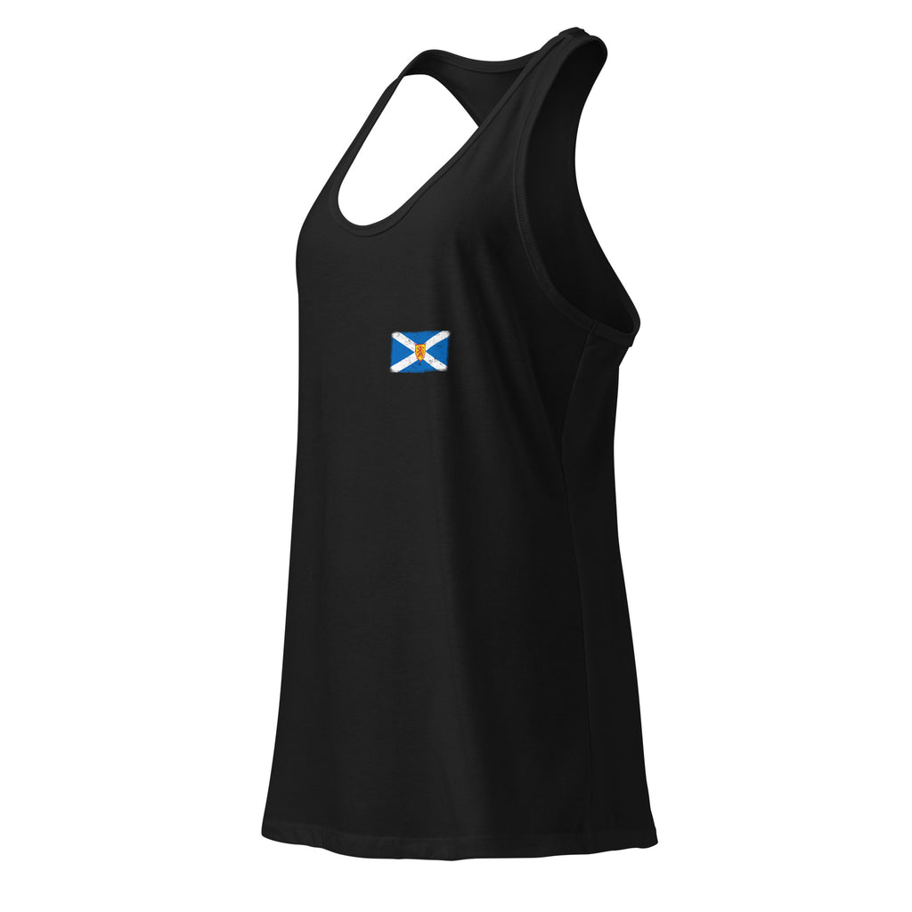 Scotland flag racerback tank top in Black, vintage-washed print, small flag on the left chest, women cut, side view