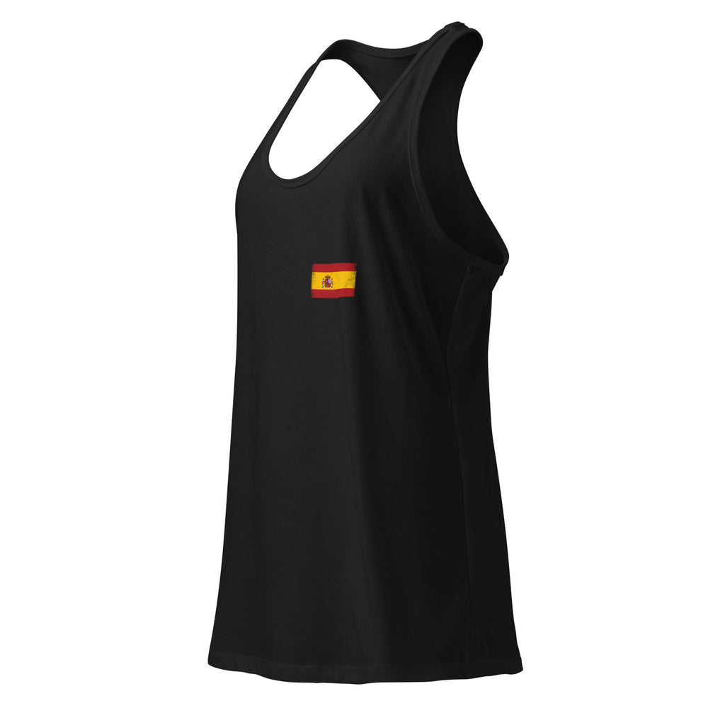Spain flag racerback tank top in Black, vintage-washed print, small flag on the left chest, women cut, side view